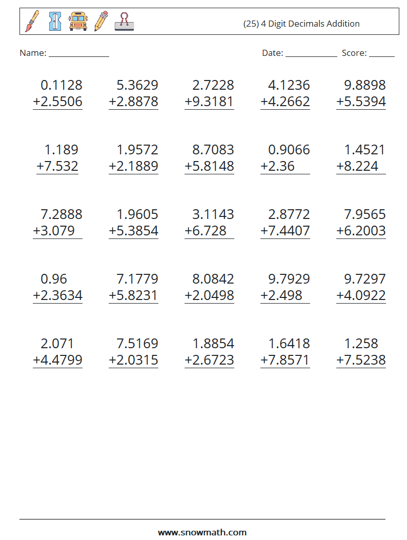 (25) 4 Digit Decimals Addition Maths Worksheets 7