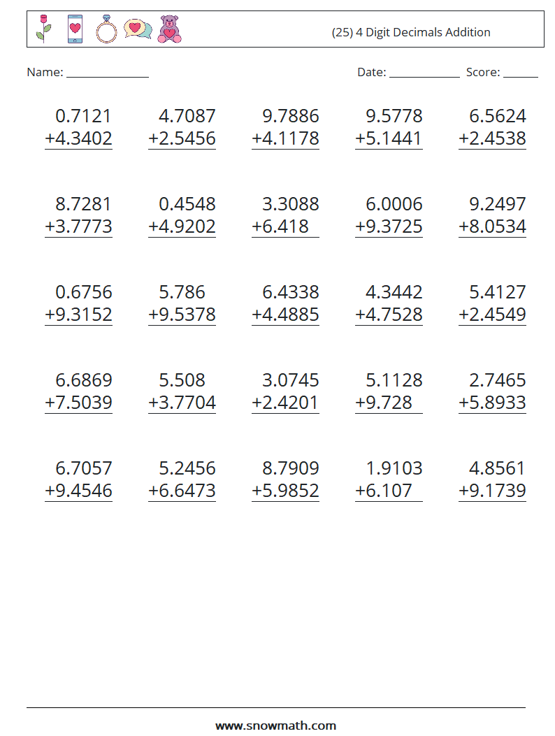 (25) 4 Digit Decimals Addition Math Worksheets 8