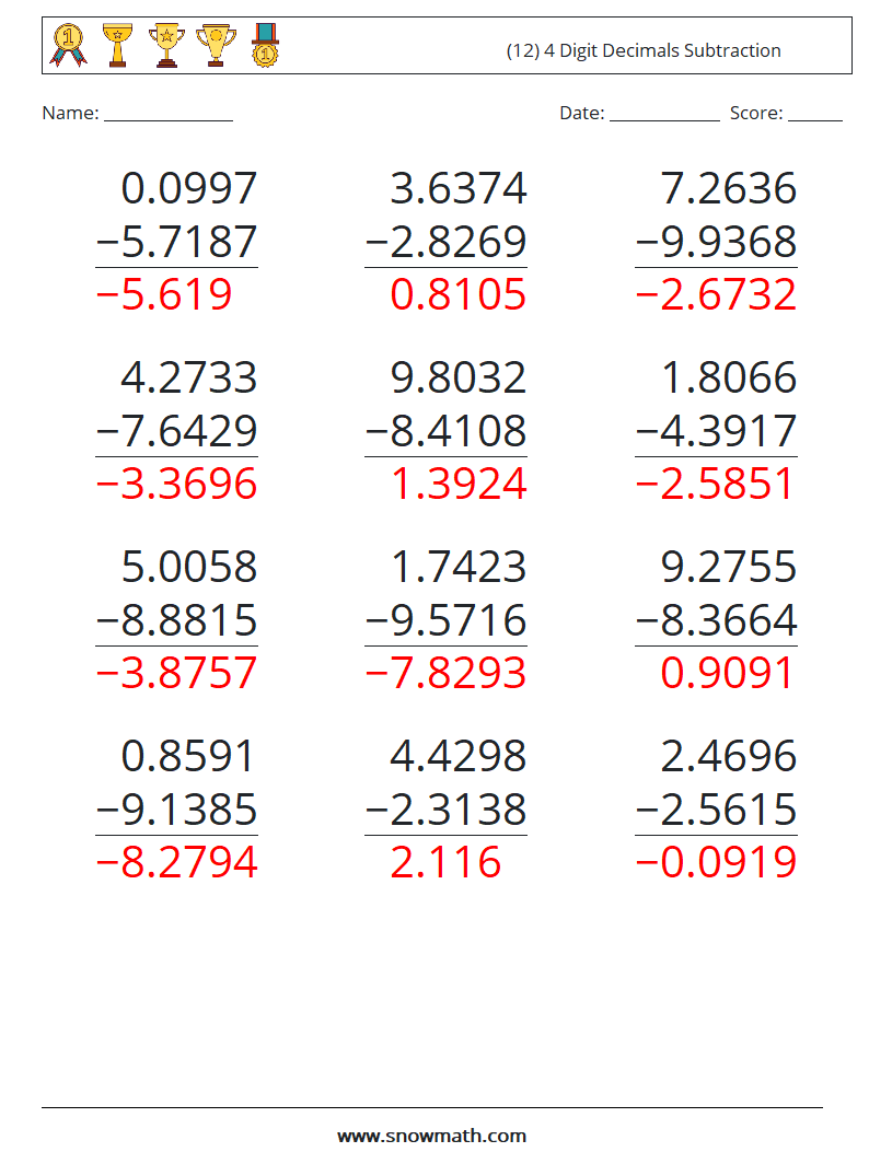 (12) 4 Digit Decimals Subtraction Math Worksheets 18 Question, Answer