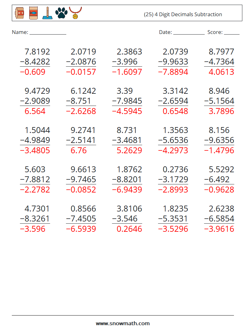 (25) 4 Digit Decimals Subtraction Math Worksheets 12 Question, Answer