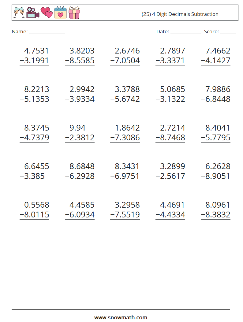 (25) 4 Digit Decimals Subtraction Math Worksheets 7