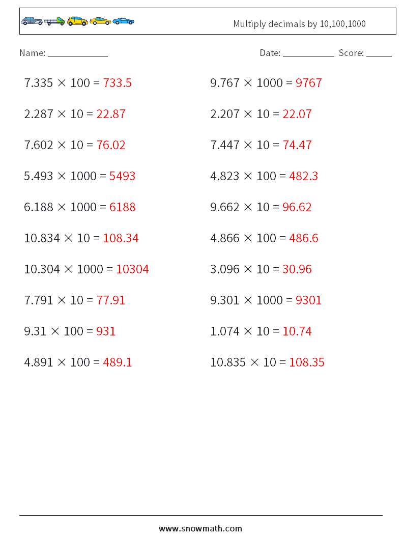 Multiply decimals by 10,100,1000 Math Worksheets 11 Question, Answer