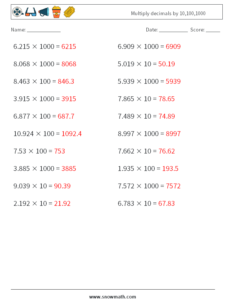 Multiply decimals by 10,100,1000 Math Worksheets 12 Question, Answer