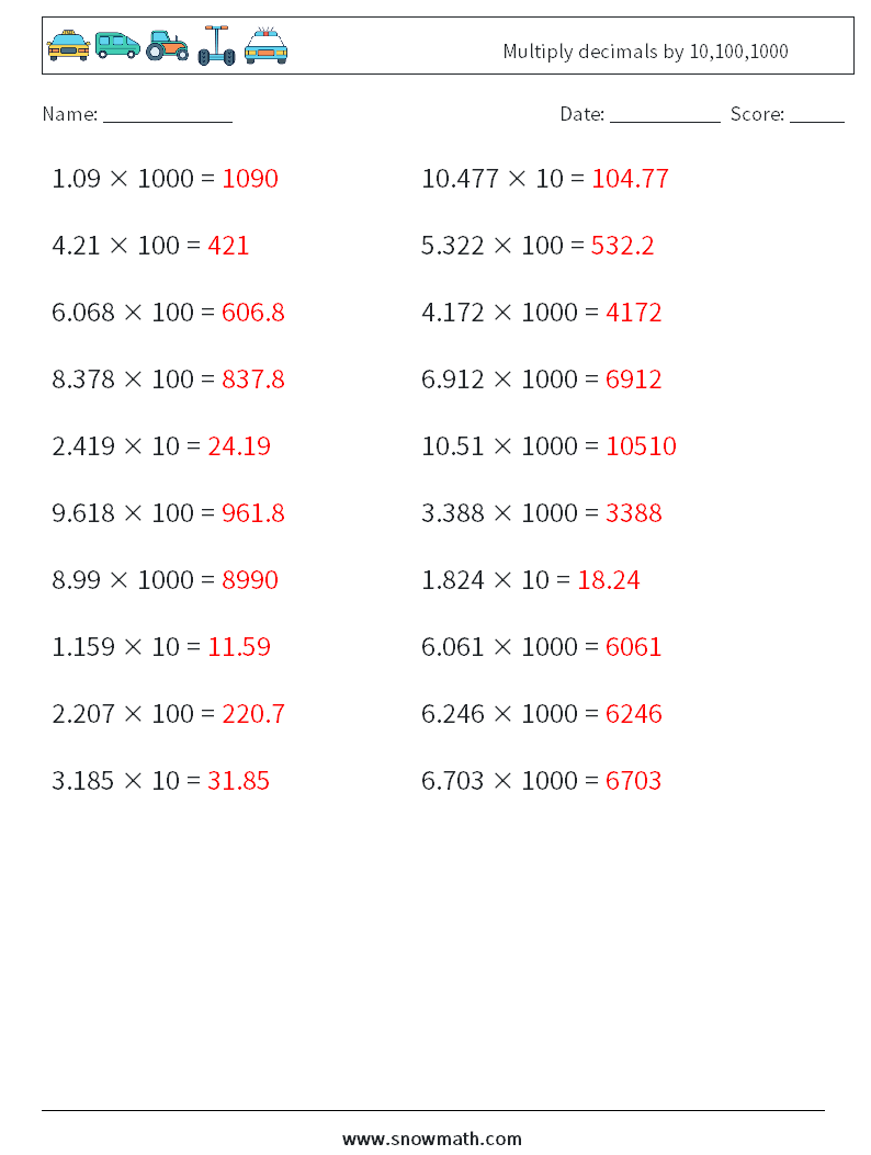 Multiply decimals by 10,100,1000 Math Worksheets 18 Question, Answer