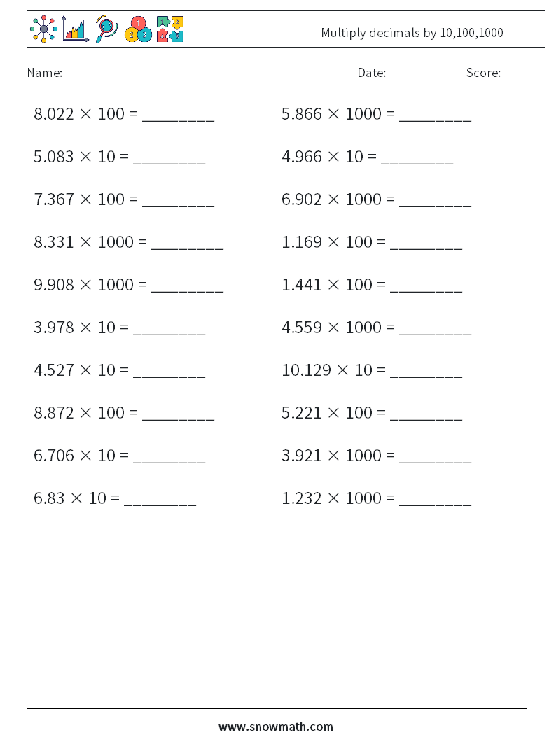 Multiply decimals by 10,100,1000 Math Worksheets 4