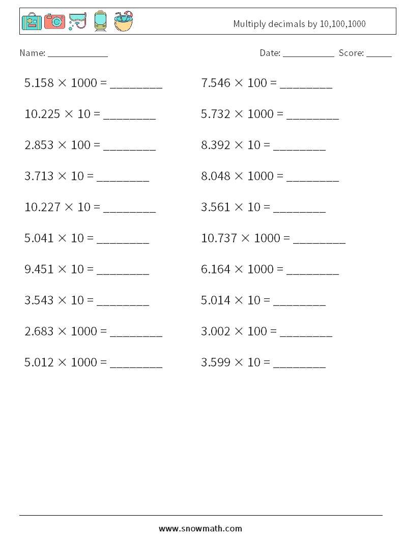 Multiply decimals by 10,100,1000 Math Worksheets 7