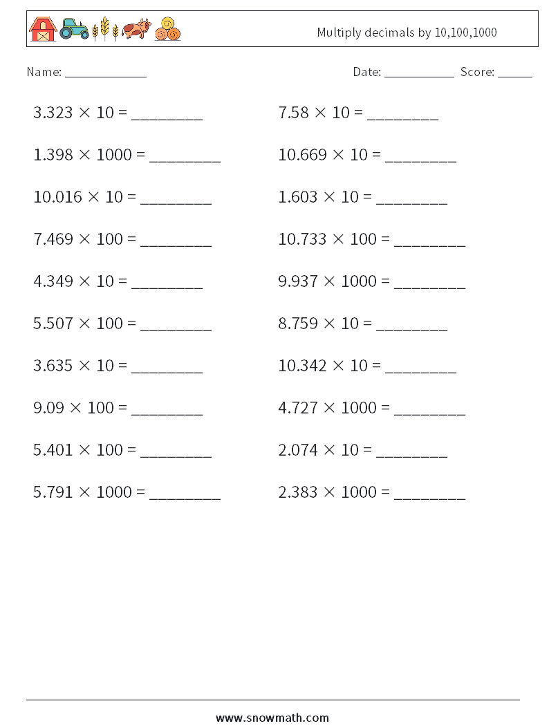 Multiply decimals by 10,100,1000 Math Worksheets 8