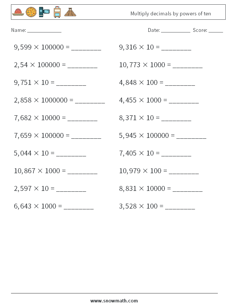 Multiply Decimals By Powers Of Ten Math Worksheets Math Practice For Kids 