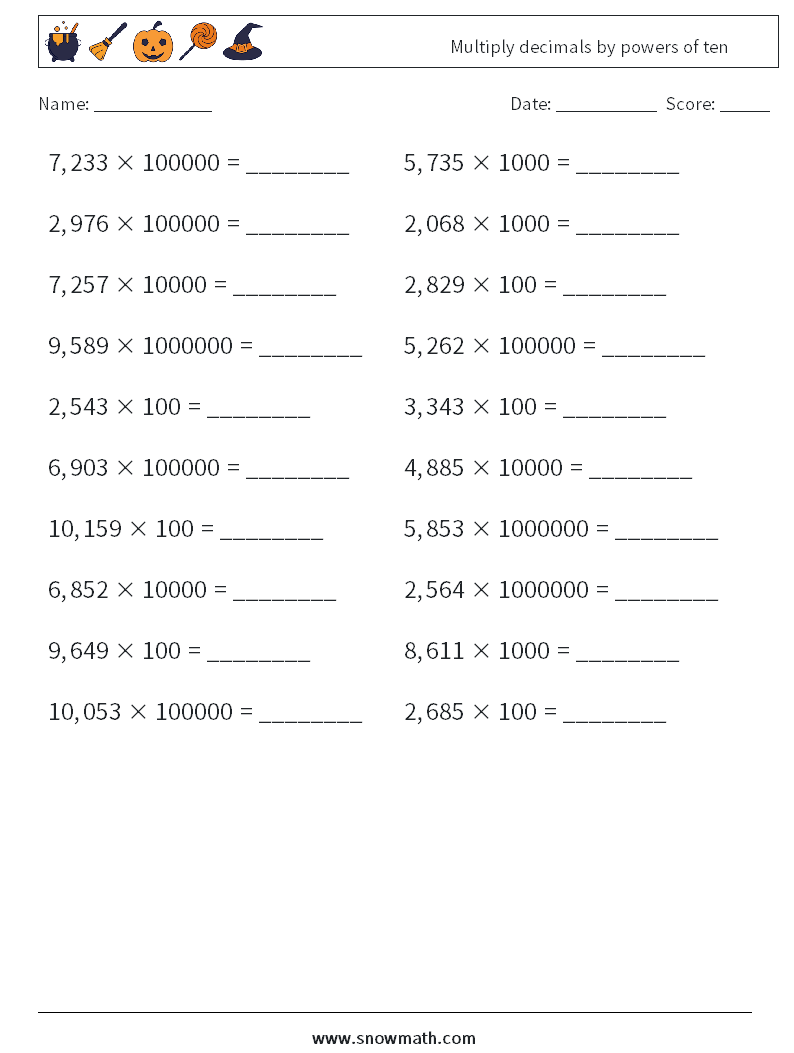 Multiply decimals by powers of ten Math Worksheets 2