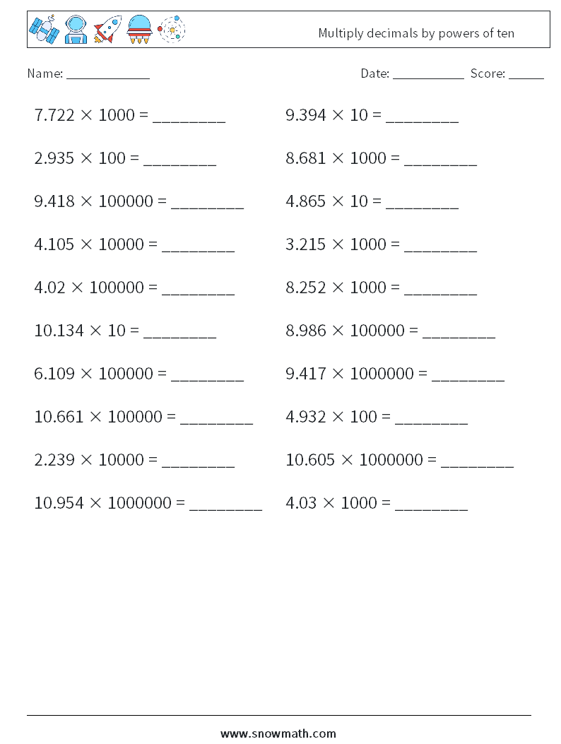 Multiply decimals by powers of ten Maths Worksheets 3