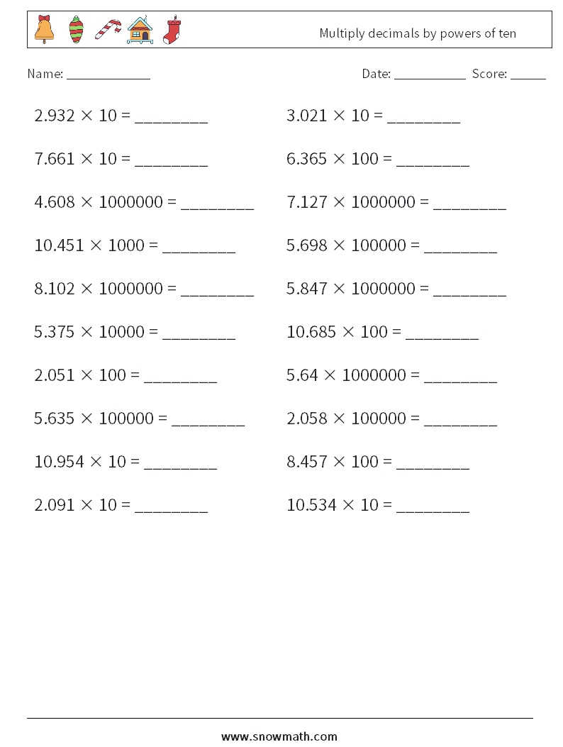 Multiply decimals by powers of ten Maths Worksheets 6