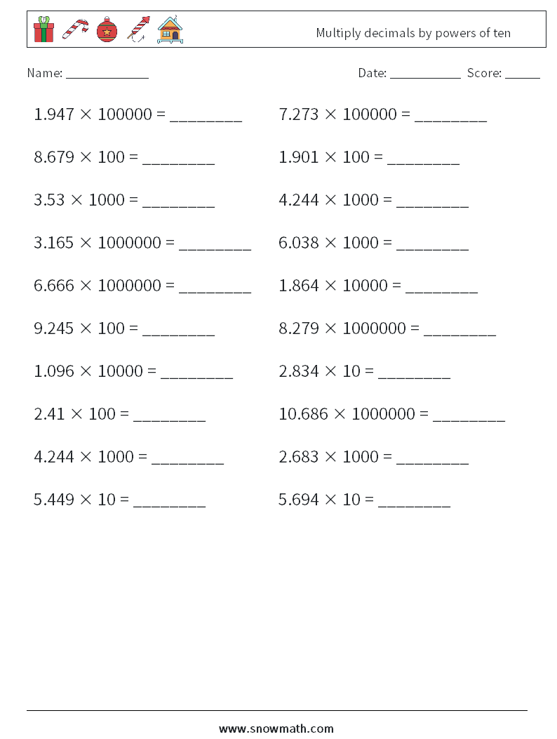 Multiply decimals by powers of ten Math Worksheets 9