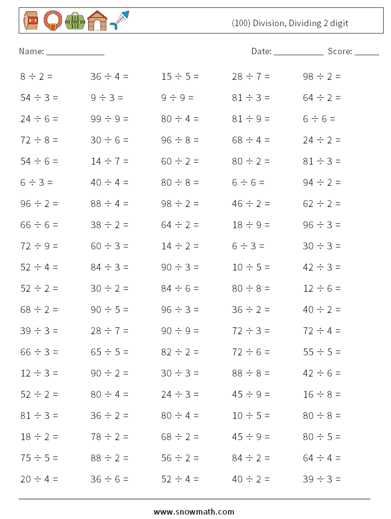  100 Division Dividing 2 Digit Math Worksheets Math Practice For Kids 