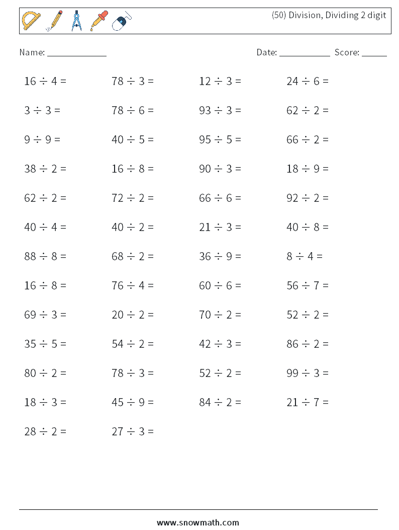 (50) Division, Dividing 2 digit Maths Worksheets 5