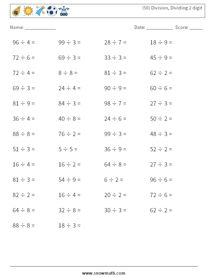 (50) Division, Dividing 2 digit Maths Worksheets 8