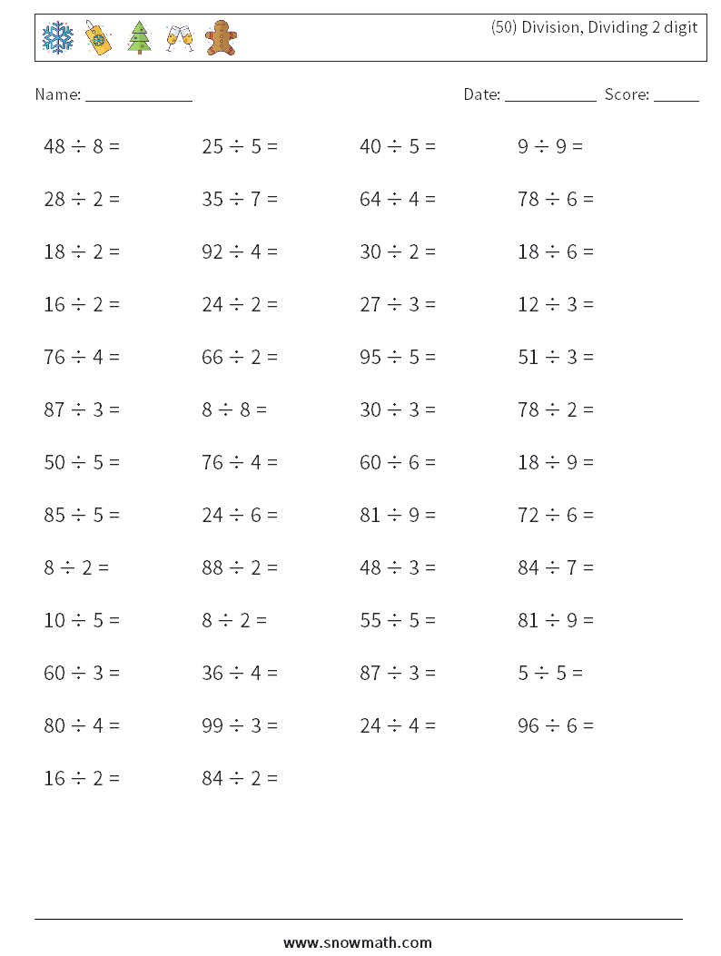 (50) Division, Dividing 2 digit Maths Worksheets 9