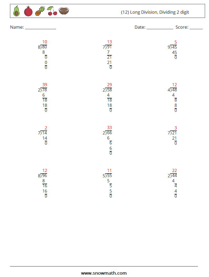 (12) Long Division, Dividing 2 digit Math Worksheets 10 Question, Answer