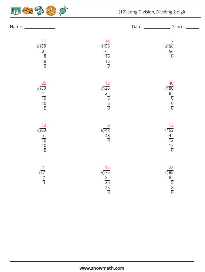 (12) Long Division, Dividing 2 digit Math Worksheets 11 Question, Answer