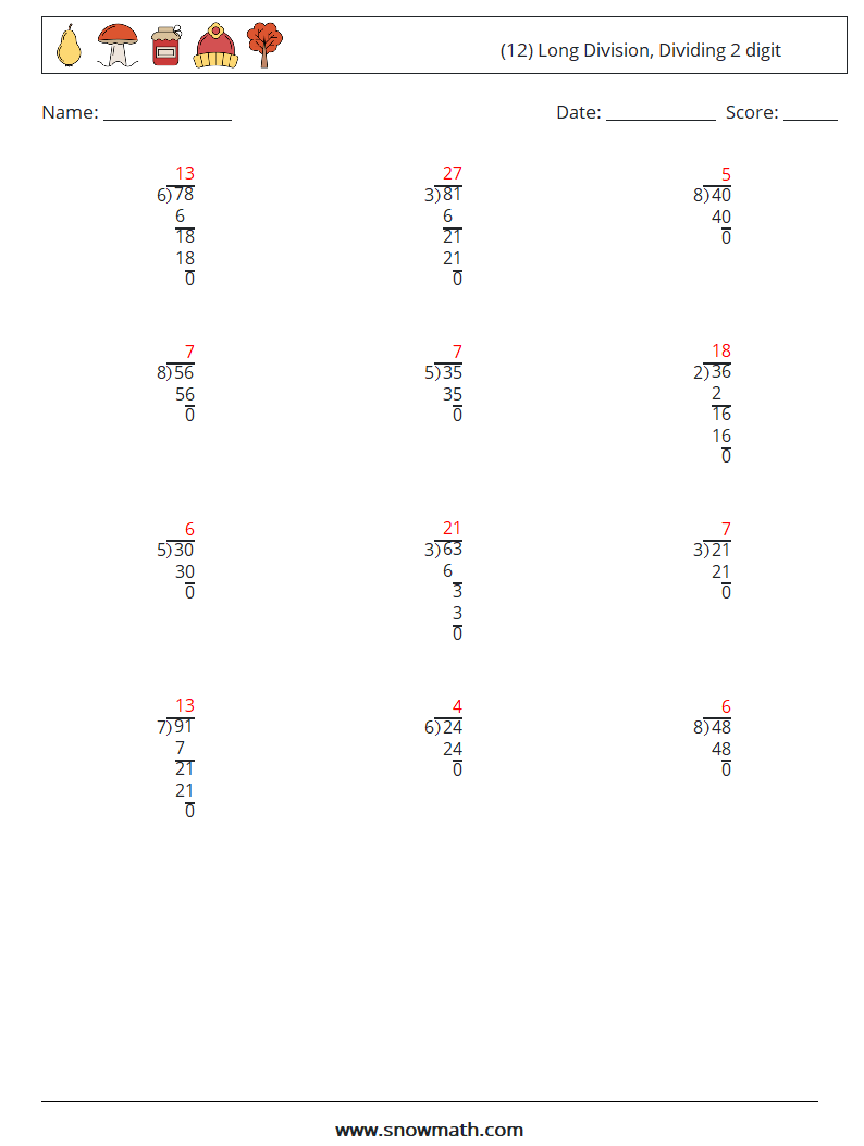 (12) Long Division, Dividing 2 digit Math Worksheets 12 Question, Answer