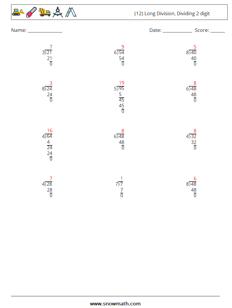 (12) Long Division, Dividing 2 digit Math Worksheets 13 Question, Answer