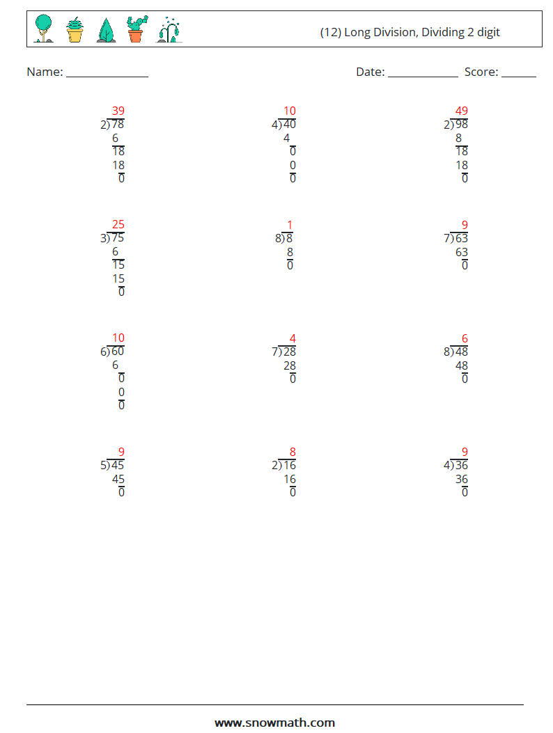 (12) Long Division, Dividing 2 digit Math Worksheets 16 Question, Answer