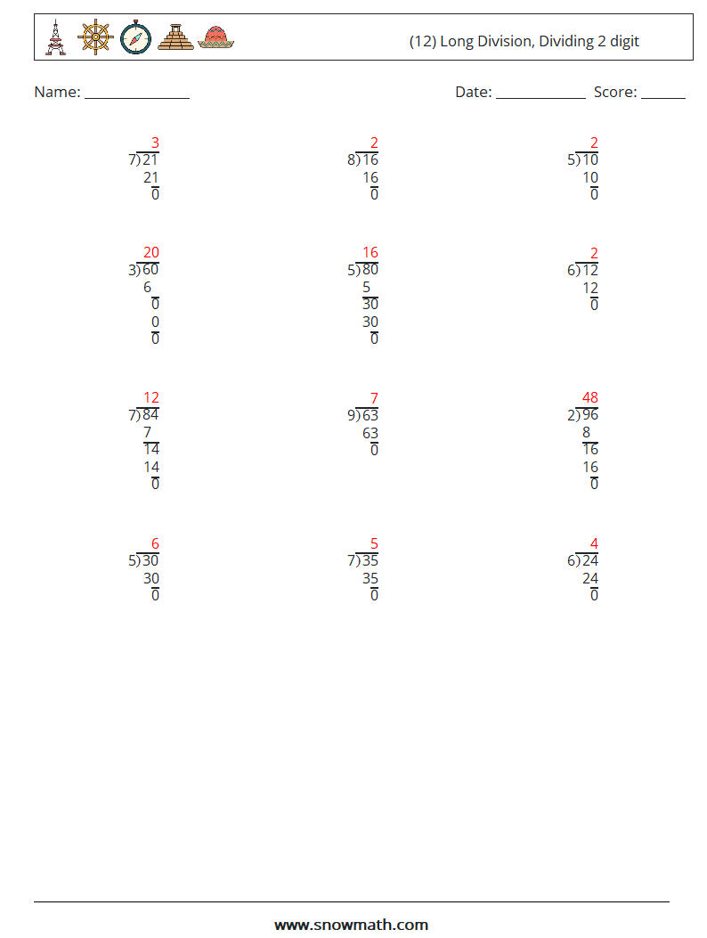 (12) Long Division, Dividing 2 digit Math Worksheets 17 Question, Answer