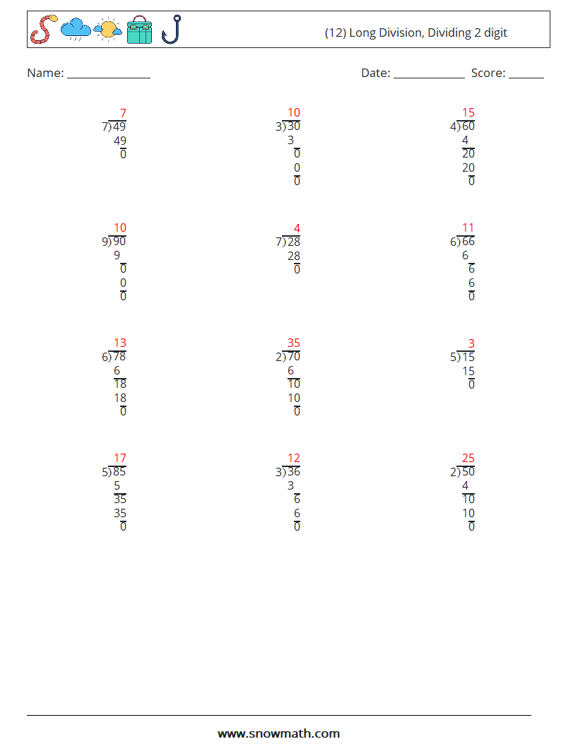 (12) Long Division, Dividing 2 digit Math Worksheets 18 Question, Answer