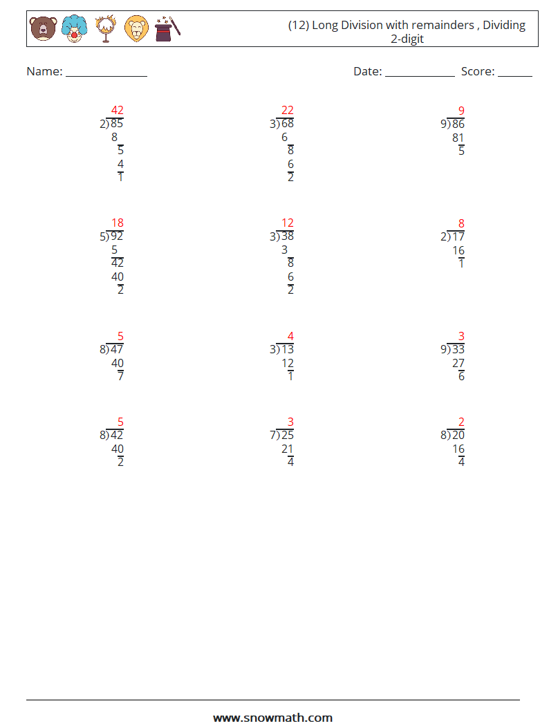 (12) Long Division with remainders , Dividing 2-digit Math Worksheets 12 Question, Answer