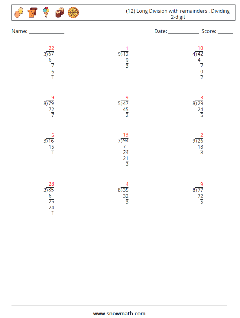 (12) Long Division with remainders , Dividing 2-digit Math Worksheets 13 Question, Answer