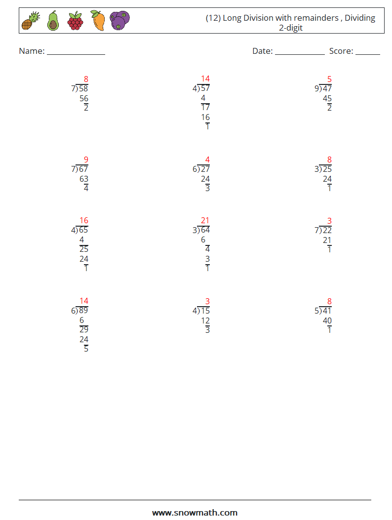 (12) Long Division with remainders , Dividing 2-digit Math Worksheets 14 Question, Answer