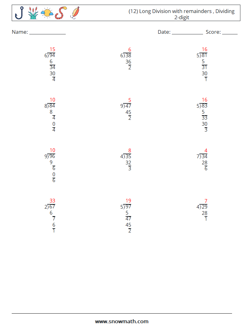 (12) Long Division with remainders , Dividing 2-digit Math Worksheets 16 Question, Answer