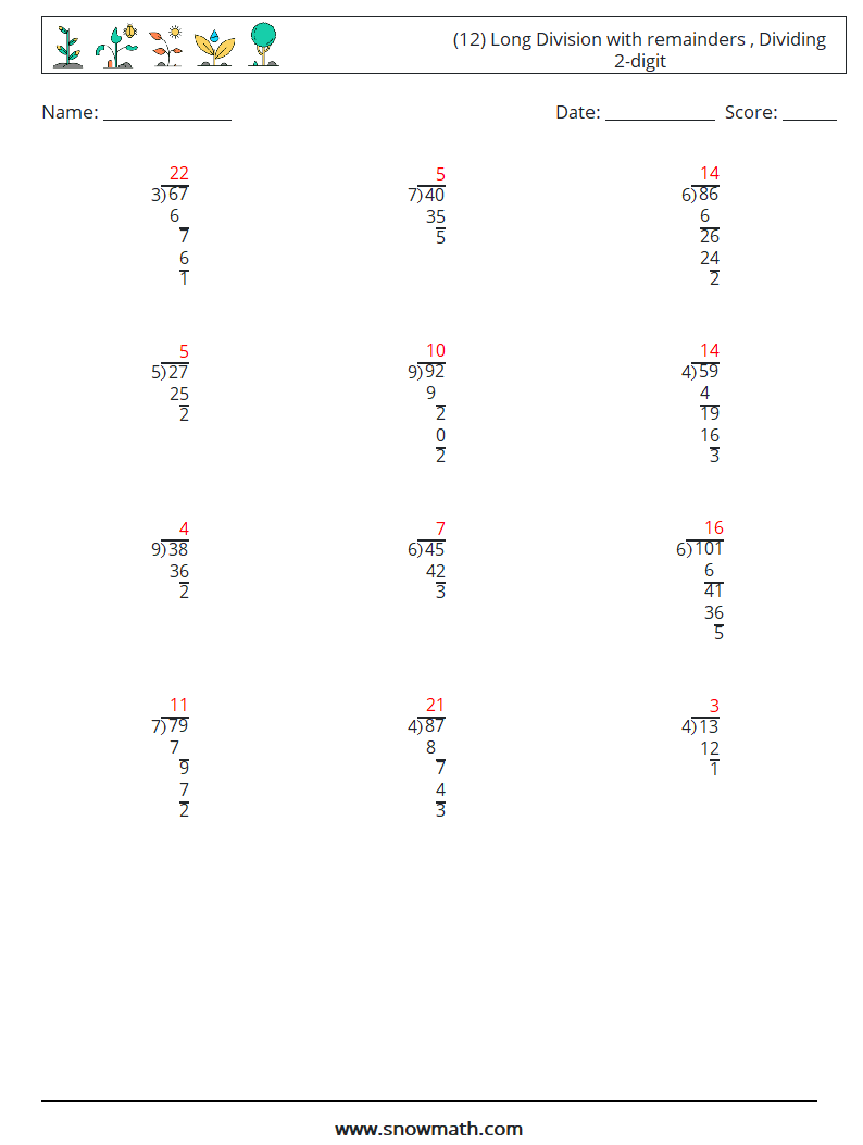 (12) Long Division with remainders , Dividing 2-digit Math Worksheets 18 Question, Answer