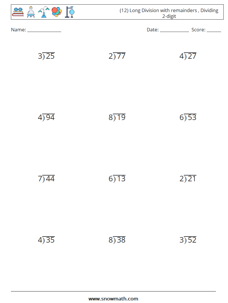 (12) Long Division with remainders , Dividing 2-digit Maths Worksheets 2