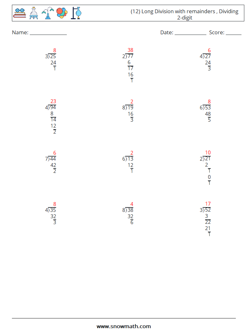 (12) Long Division with remainders , Dividing 2-digit Math Worksheets 2 Question, Answer