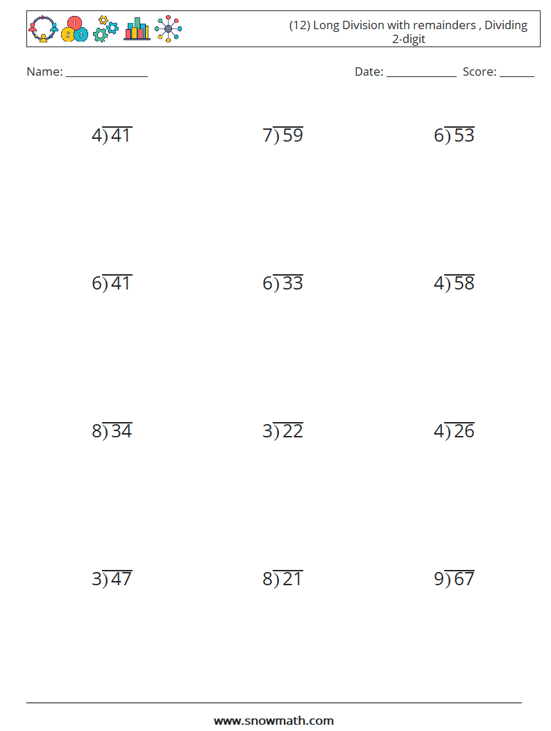 (12) Long Division with remainders , Dividing 2-digit Math Worksheets 6