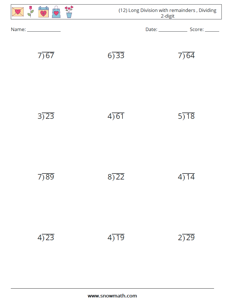 (12) Long Division with remainders , Dividing 2-digit Math Worksheets 9