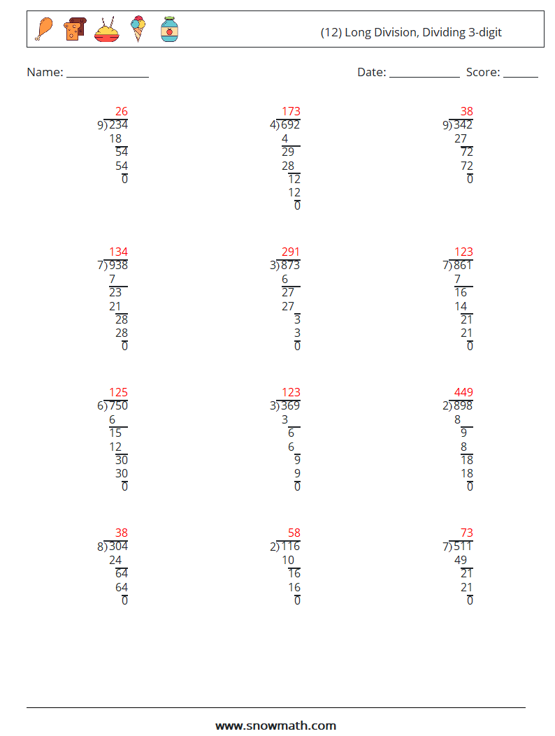 (12) Long Division, Dividing 3-digit Math Worksheets 11 Question, Answer