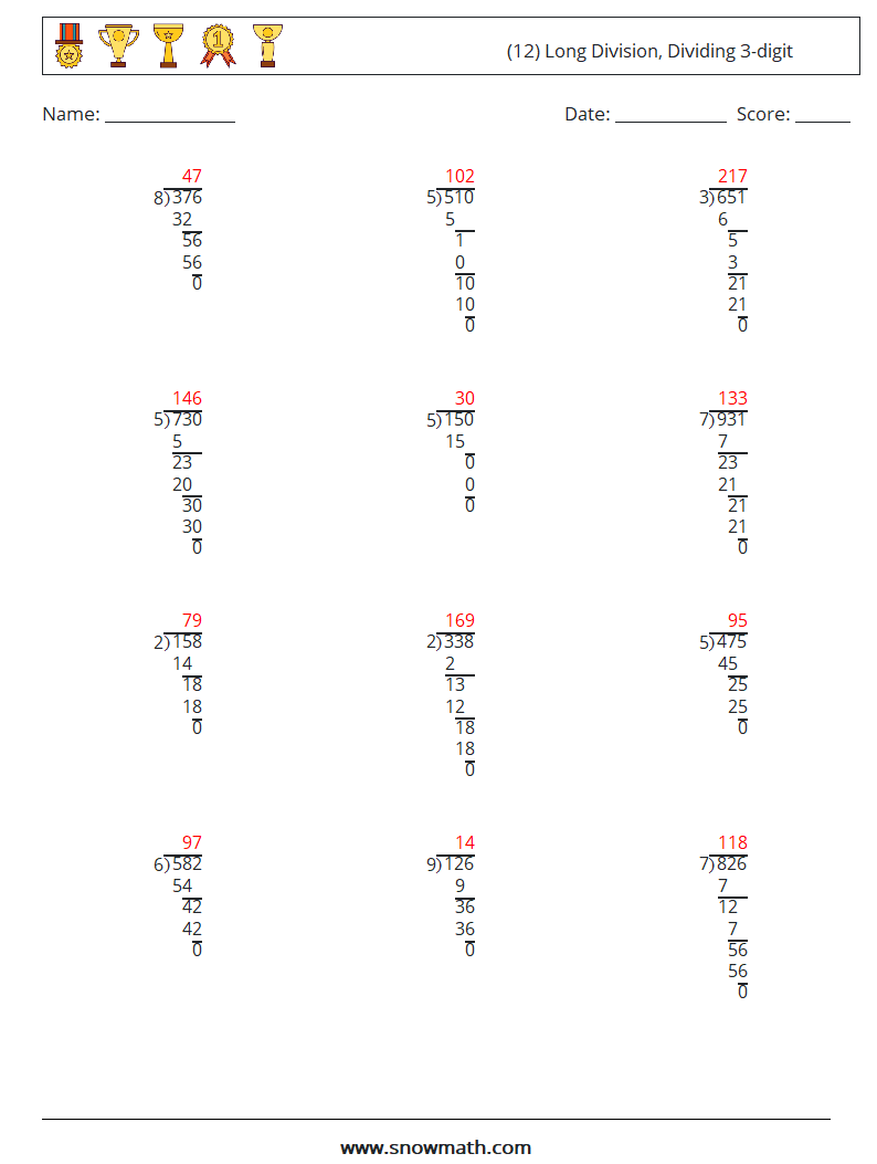 (12) Long Division, Dividing 3-digit Math Worksheets 12 Question, Answer