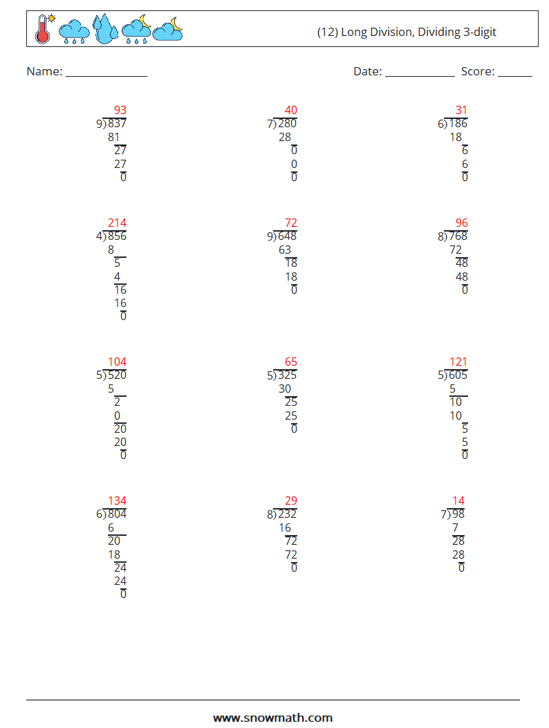 (12) Long Division, Dividing 3-digit Math Worksheets 13 Question, Answer