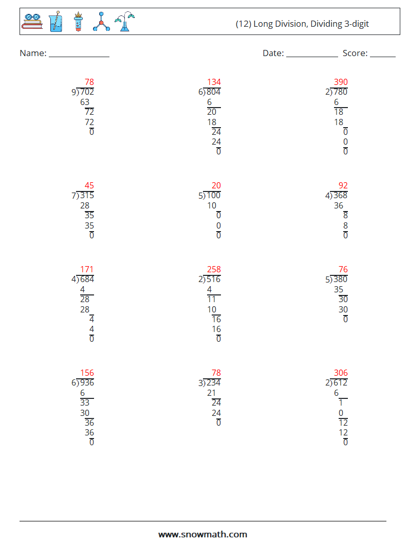 (12) Long Division, Dividing 3-digit Math Worksheets 14 Question, Answer