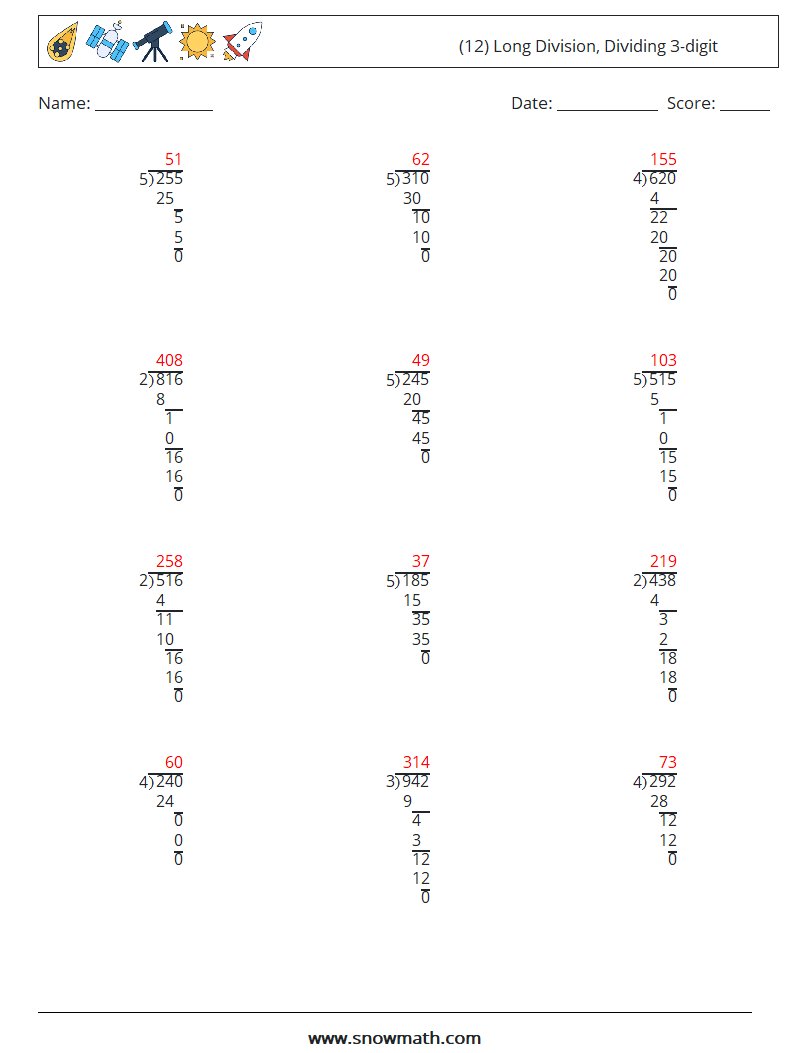 (12) Long Division, Dividing 3-digit Math Worksheets 15 Question, Answer