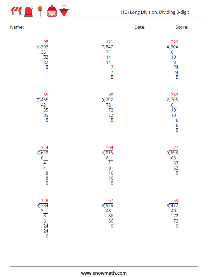 (12) Long Division, Dividing 3-digit Math Worksheets 16 Question, Answer