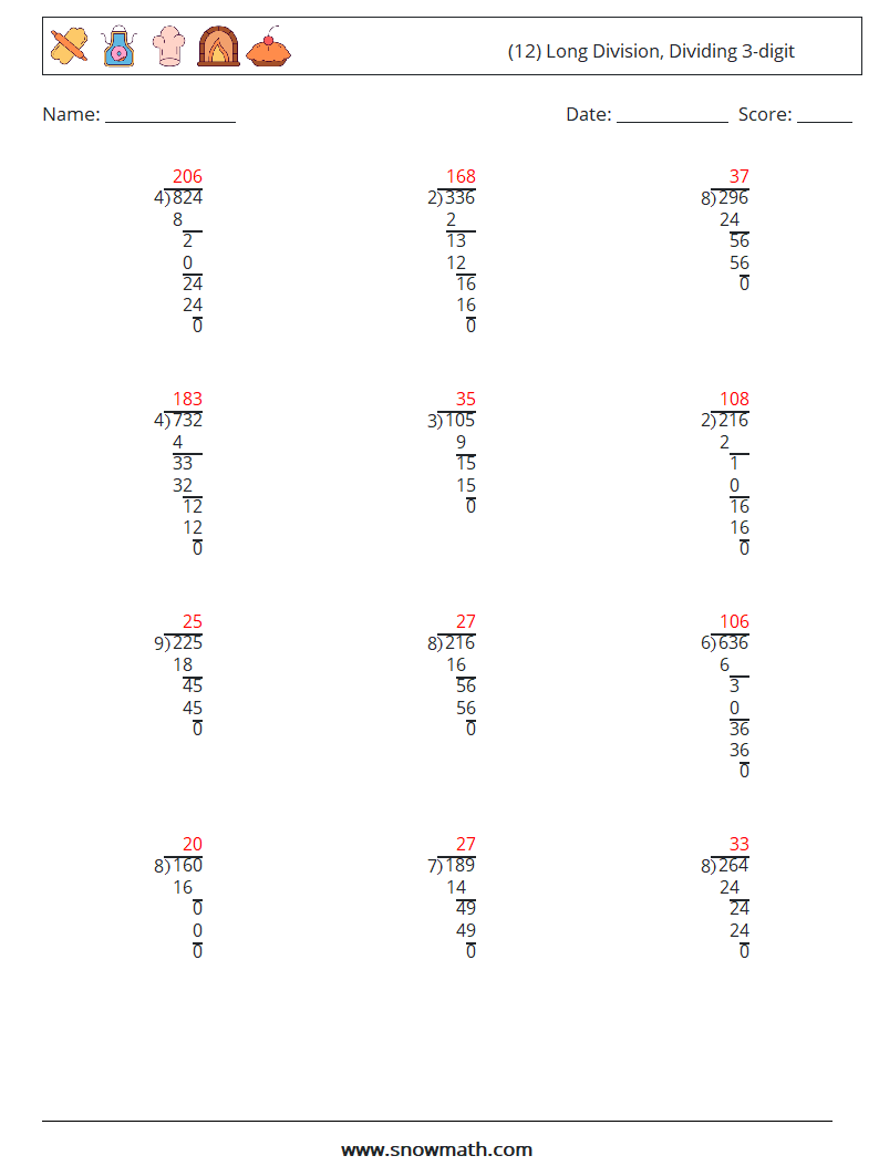 (12) Long Division, Dividing 3-digit Math Worksheets 17 Question, Answer