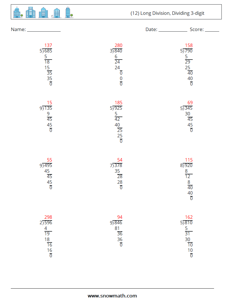 (12) Long Division, Dividing 3-digit Math Worksheets 18 Question, Answer