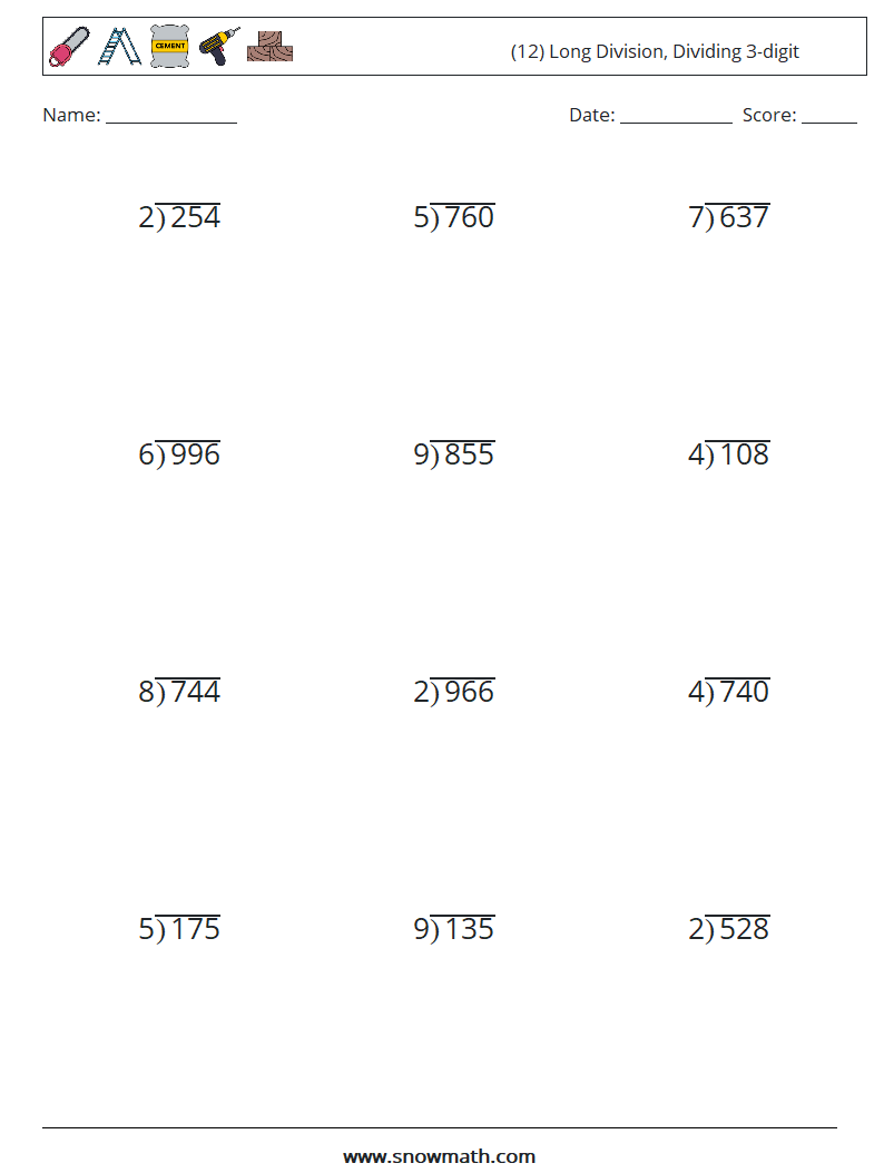 (12) Long Division, Dividing 3-digit Math Worksheets 5