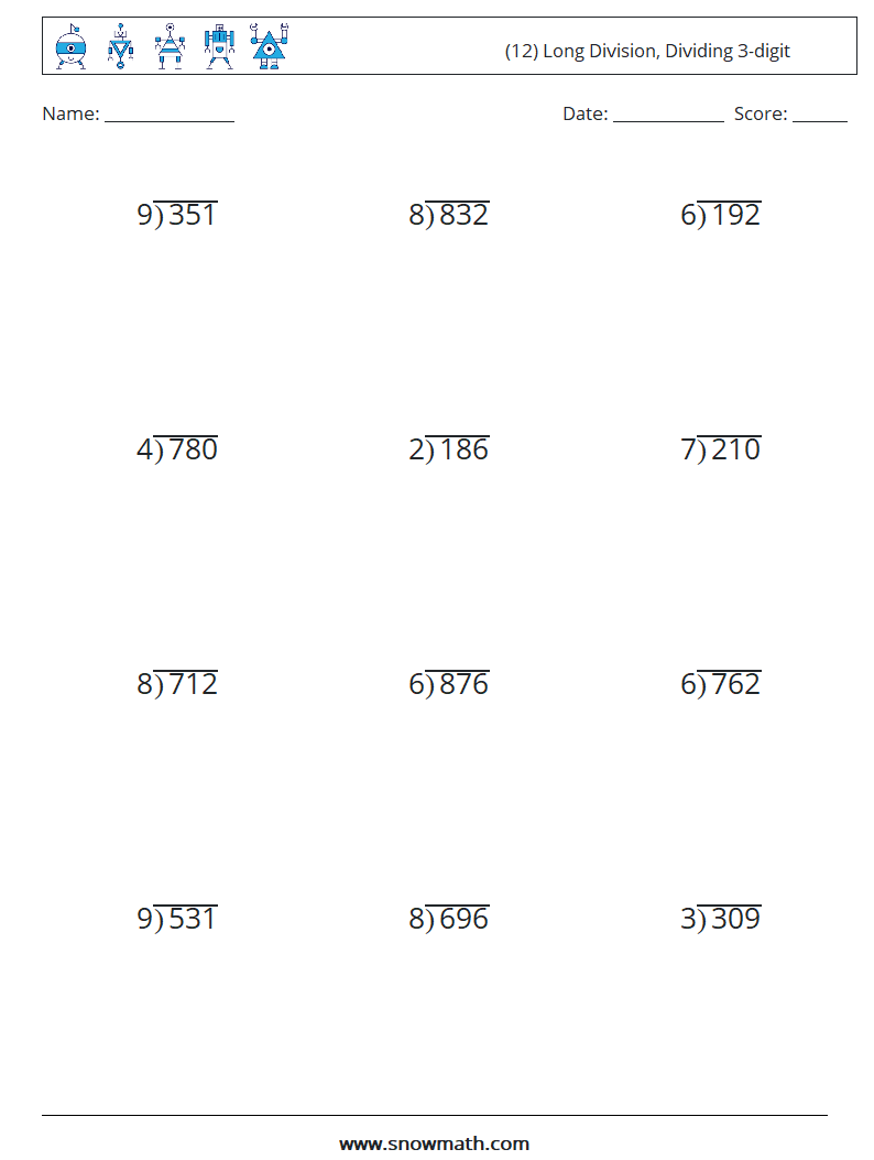 (12) Long Division, Dividing 3-digit Math Worksheets 6