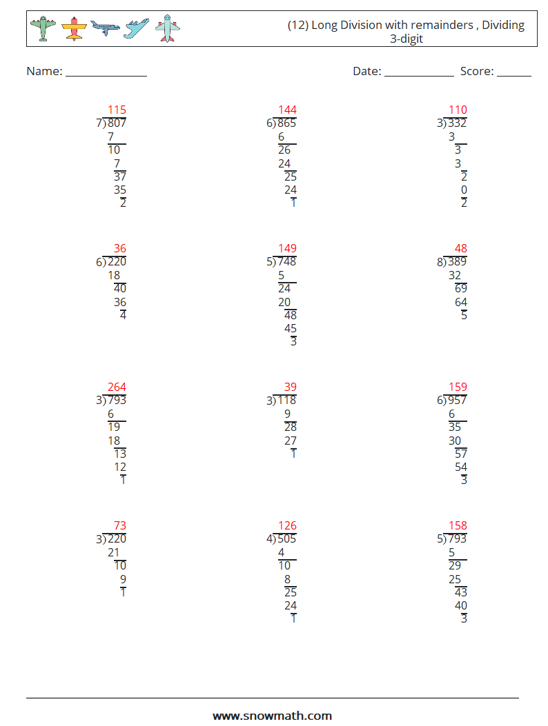 (12) Long Division with remainders , Dividing 3-digit Math Worksheets 13 Question, Answer