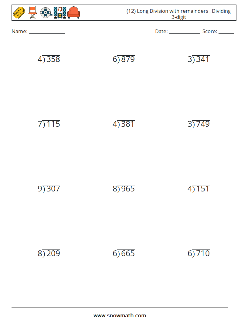 (12) Long Division with remainders , Dividing 3-digit Math Worksheets 2