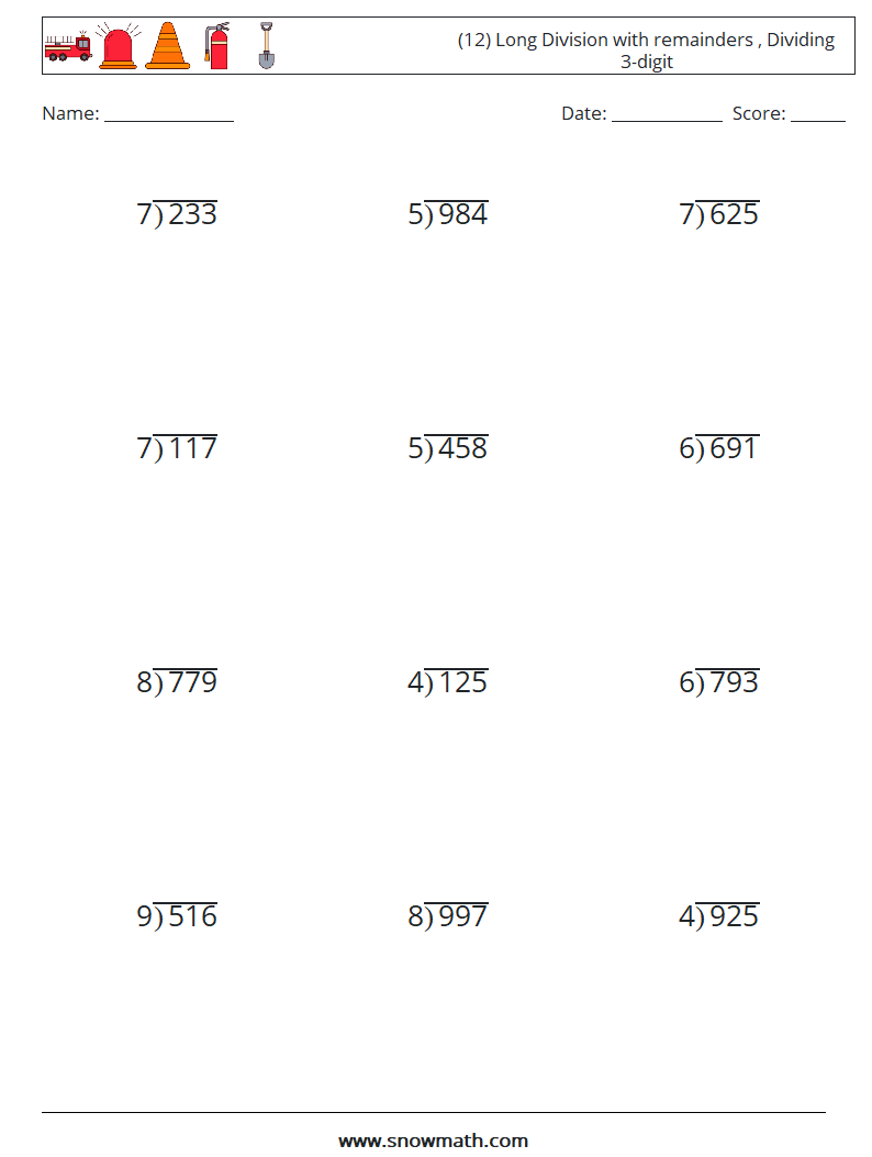 (12) Long Division with remainders , Dividing 3-digit Math Worksheets 6