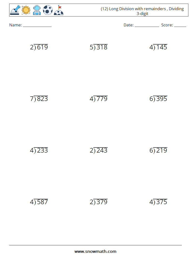 (12) Long Division with remainders , Dividing 3-digit Maths Worksheets 7